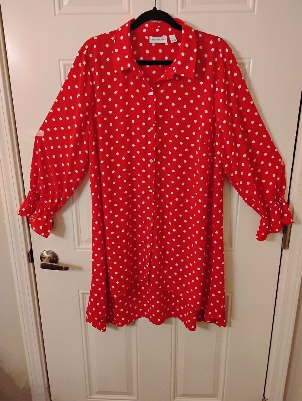 Susan Graver Red and White Polka Dot Shirt Dress Adorable With White Leggings